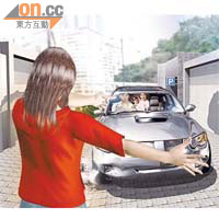 二奶攔車圖搶女兒模擬圖<BR>女子趁情郎一家三口駕乘私家車離開時，衝出馬路攔截。