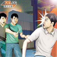 兩賊掟人落海模擬圖<BR>男子在卸貨區遭兩名賊人遺下的鎅刀刀賊行劫。