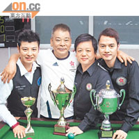 陳國明（右）上月在卡塔爾賽先贏單打冠軍，再與馮國威（右二）及連騰浩（左一）稱霸團體賽，雙喜臨門。